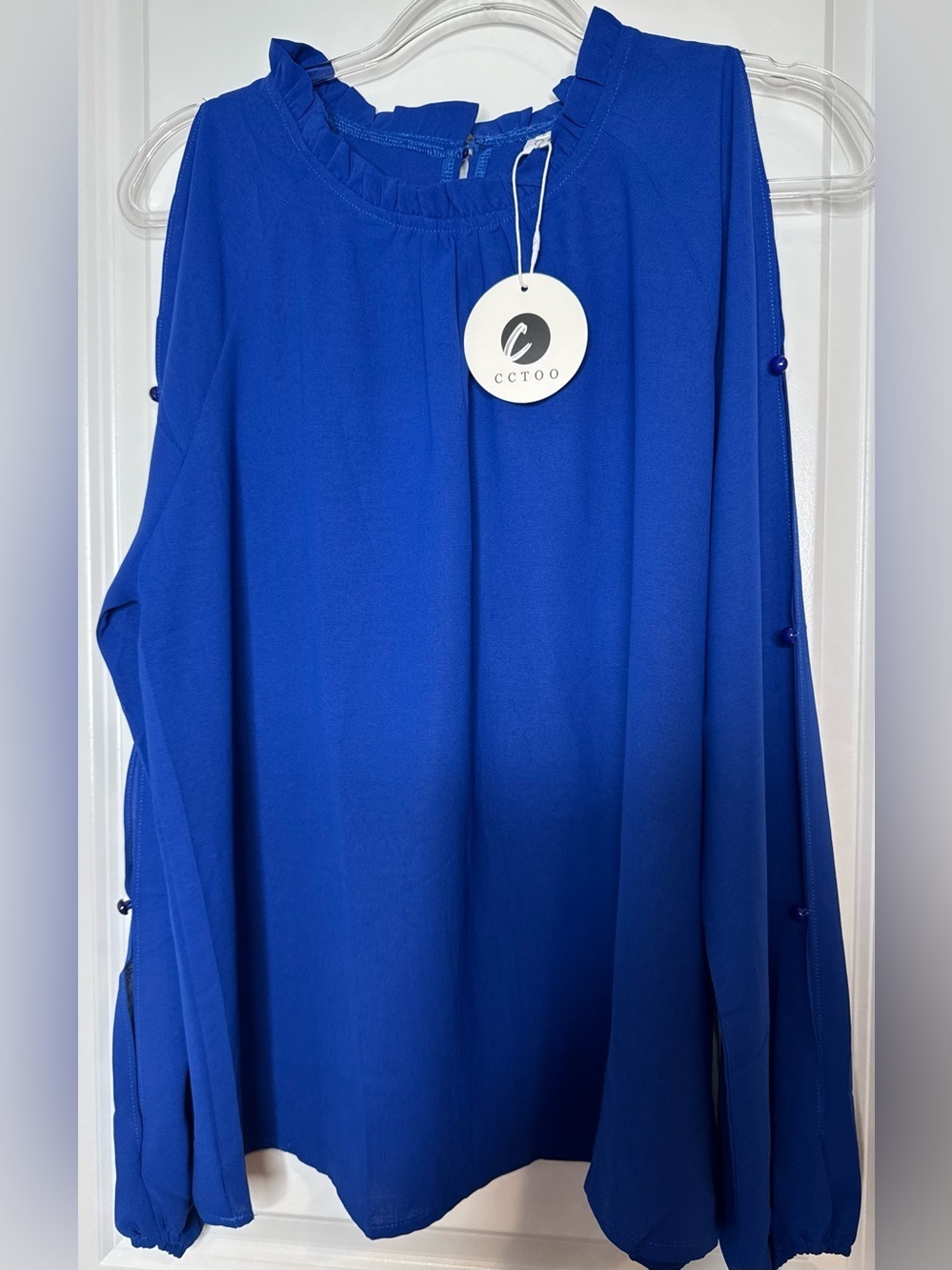 CCTOO Cobalt Blue long sleeve Cold-Shoulder high Ruffle-Neck Blouse Sz lg